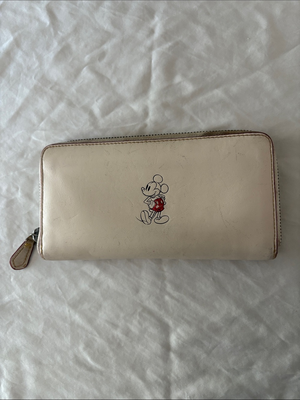 Disney Coach Cream Leather Zip-Around Wallet with Red Mickey Accent